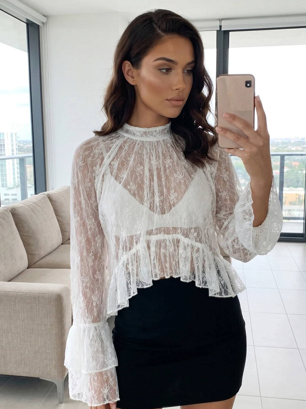 Womens Lace Floral Sheer Blouse Flare Long Sleeve Mock Neck Ruffle Peplum Hem Cropped Shirts Elegant Sexy Cover-ups Tops
