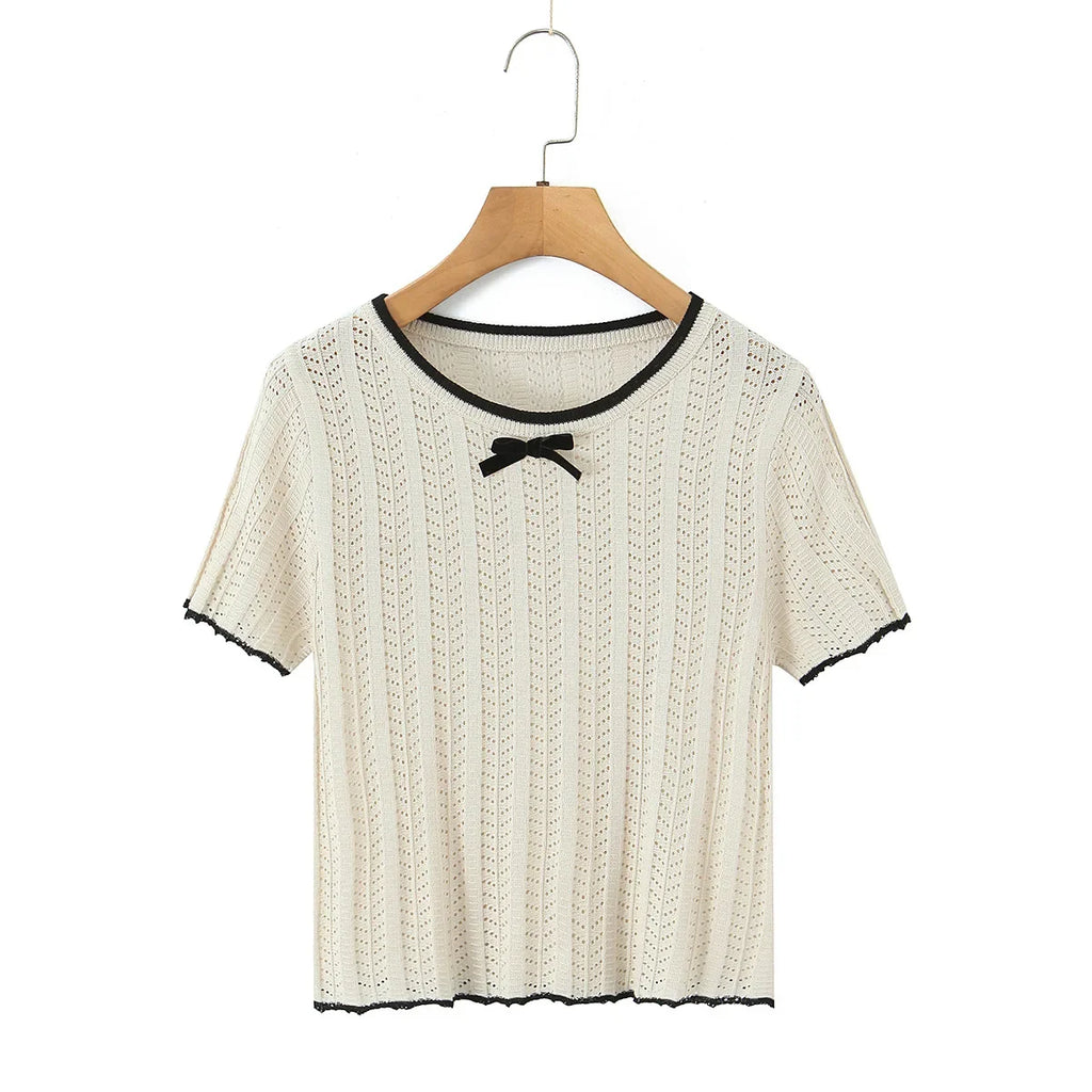 Fashion Casual Knitted Shirt With Black Trim Bow Knit T Shirt Short Sleeve Hollow Out Crew Neck Top For Women Daily Outfit EMZE