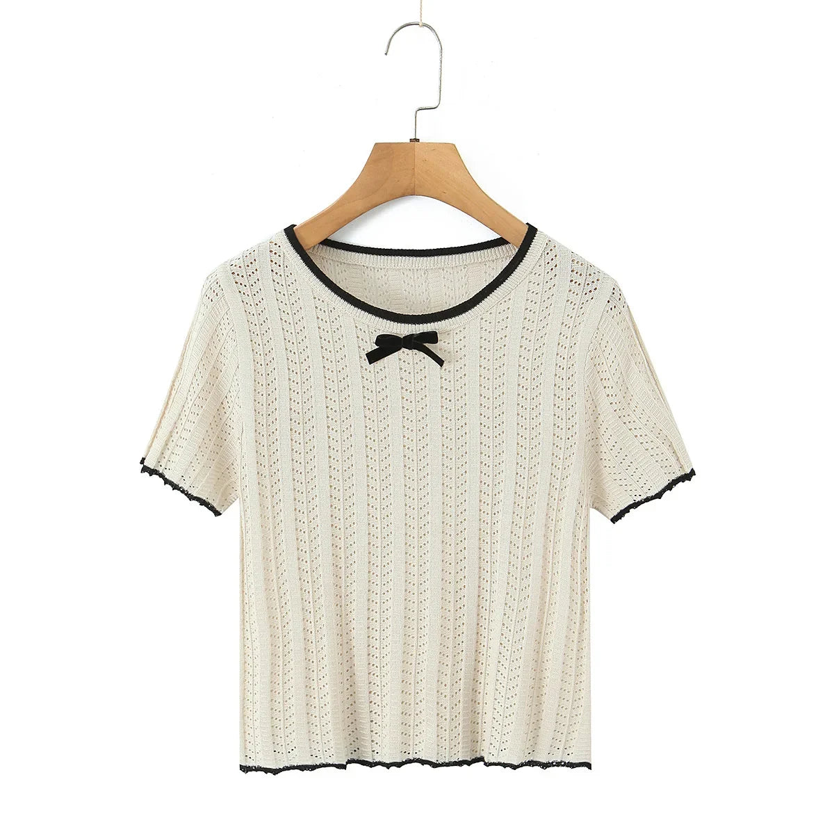 Fashion Casual Knitted Shirt With Black Trim Bow Knit T Shirt Short Sleeve Hollow Out Crew Neck Top For Women Daily Outfit EMZE