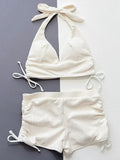 2026 Halter V Neck Shorts Bikini Female Swimsuit High Waist Bikini Women Swimwear Two-pieces Bikini Set Ribbed Bathing Suit Swim