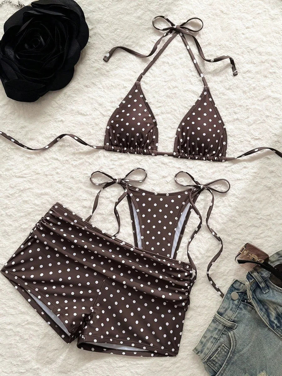 With Shorts Polka Dot Halter Mini Micro Thong Bikini Female Swimsuit Women Swimwear Three-pieces Bikini Set Bathing Suit Swim