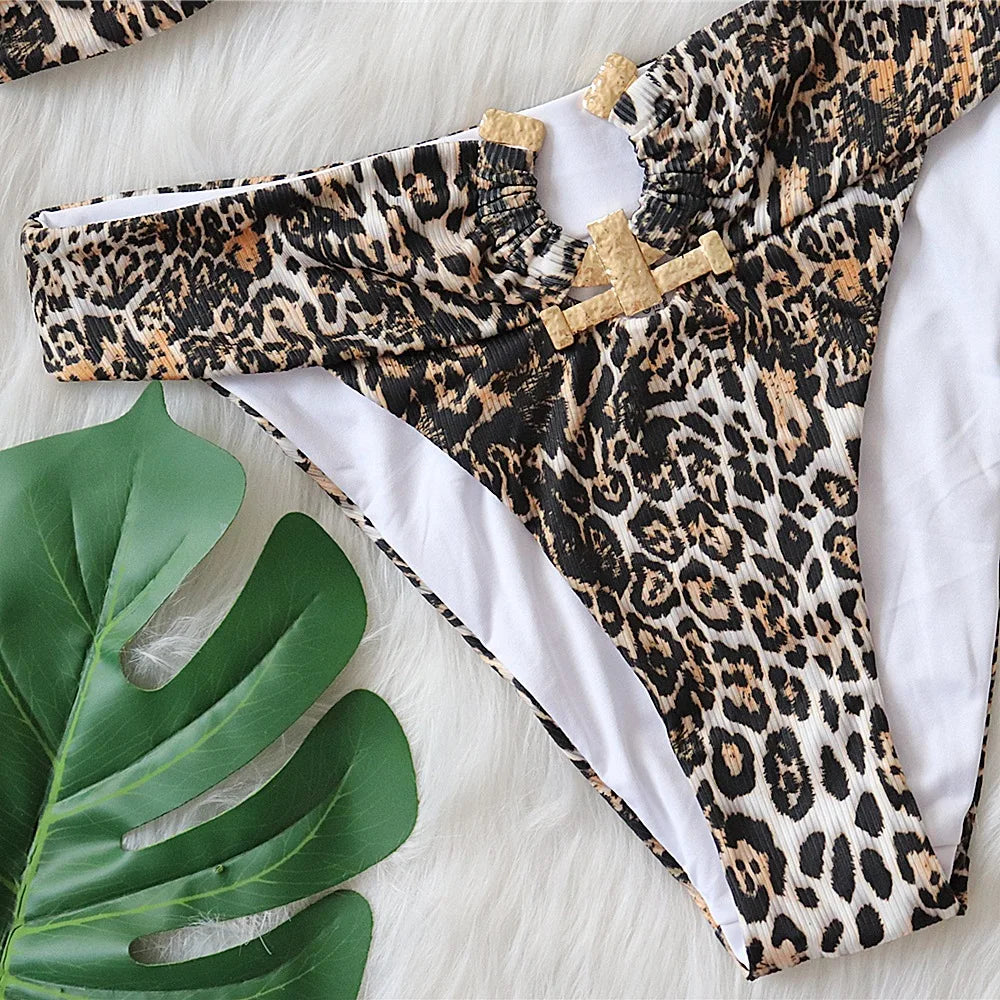 9 Colors Sexy Bikini Women Swimwear Swimsuit High Waist Metal Decor Leopard Print Female Bikinis Set Bathing Suit Beach Biquinis