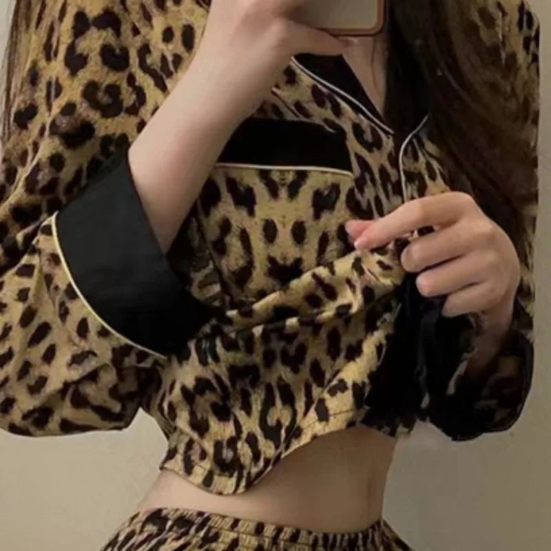 Pajamas for Women Spring Autumn Korean Cardigan Long Sleeved Sexy Leopard Print Home Clothing Set Milk Silk Pajamas for Women