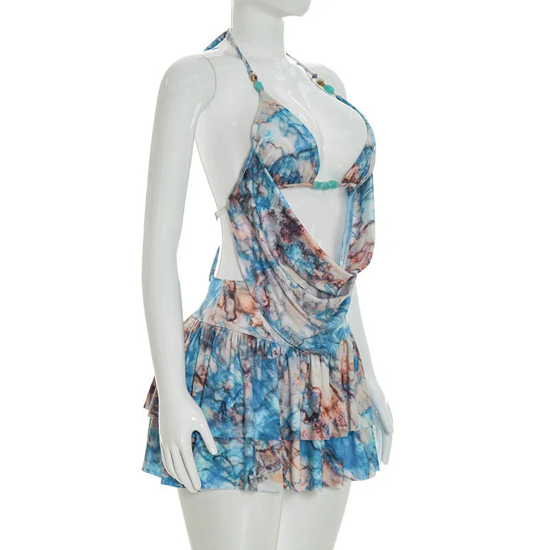 Spring and summer new women's suit fake two-piece halter top ruffled skirt two-piece suit