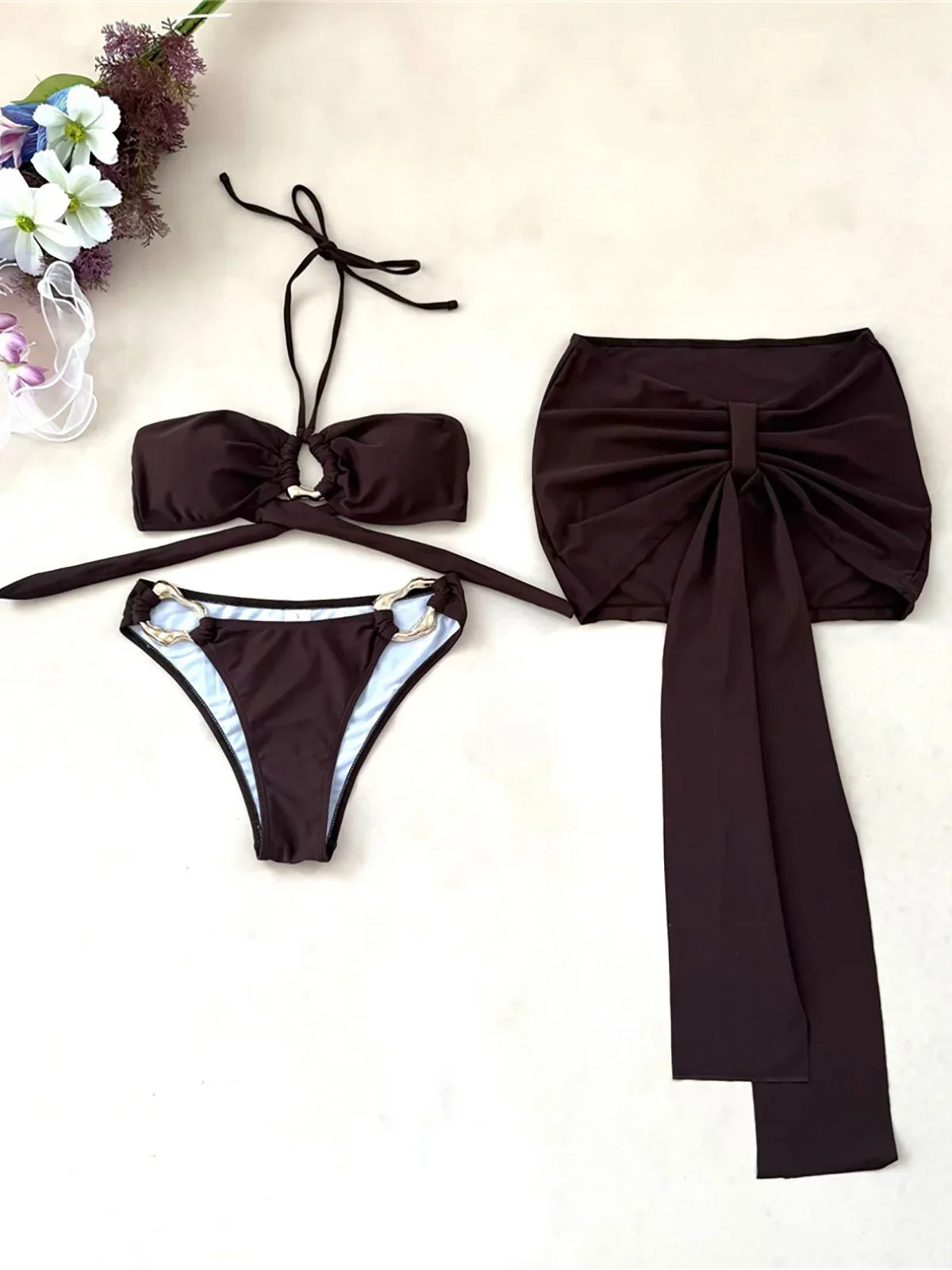 3PCS With Skirt Halter Metal Ring Bikini Female Swimsuit Women Swimwear Three-pieces Bikini set Bather Bathing Suit Swim K7157