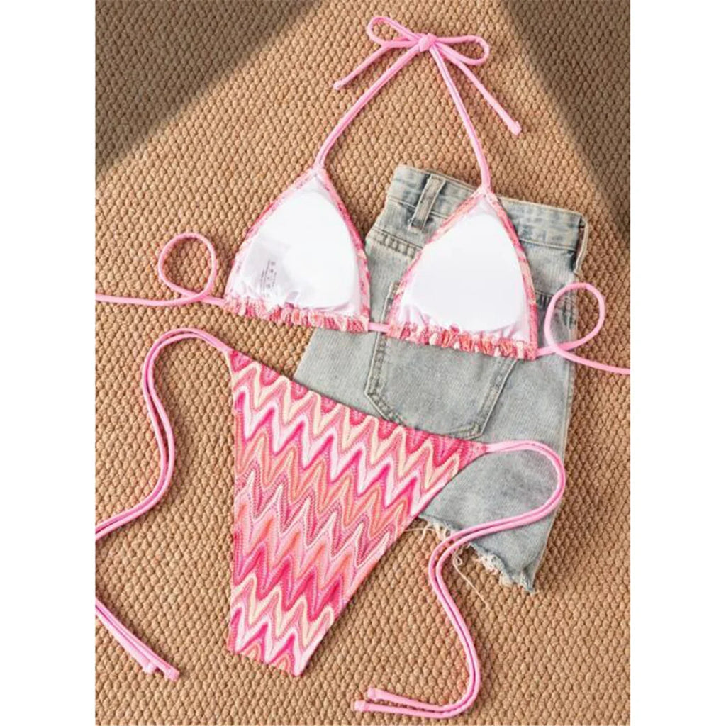 Printed Halter Bikini Female Swimsuit Women Swimwear Two-Pieces Bikini Set High Leg Cut Strappy Bather Bathing Suit Swim V8176