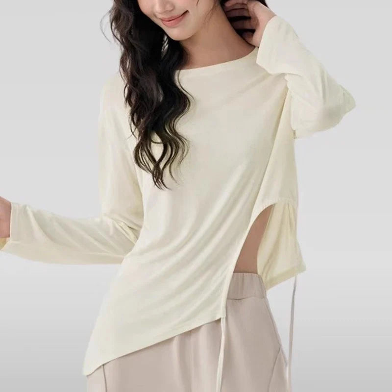 Women's Slimming Long-Sleeved Yoga Suit Sports T-Shirt with Drawstring Waist for Pilates Outdoor Fitness Training