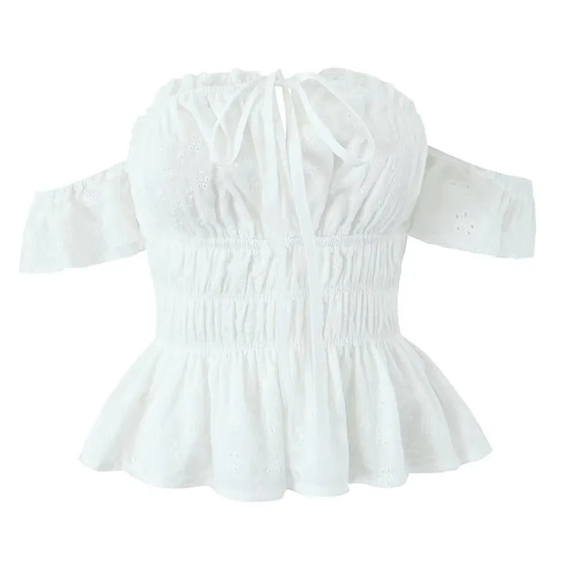 Spring New Style Elegant Ruffled One-shoulder Casual Top Shirt Womens White Off Shoulder Ruffle Waist Short Sleeve Casual OERV