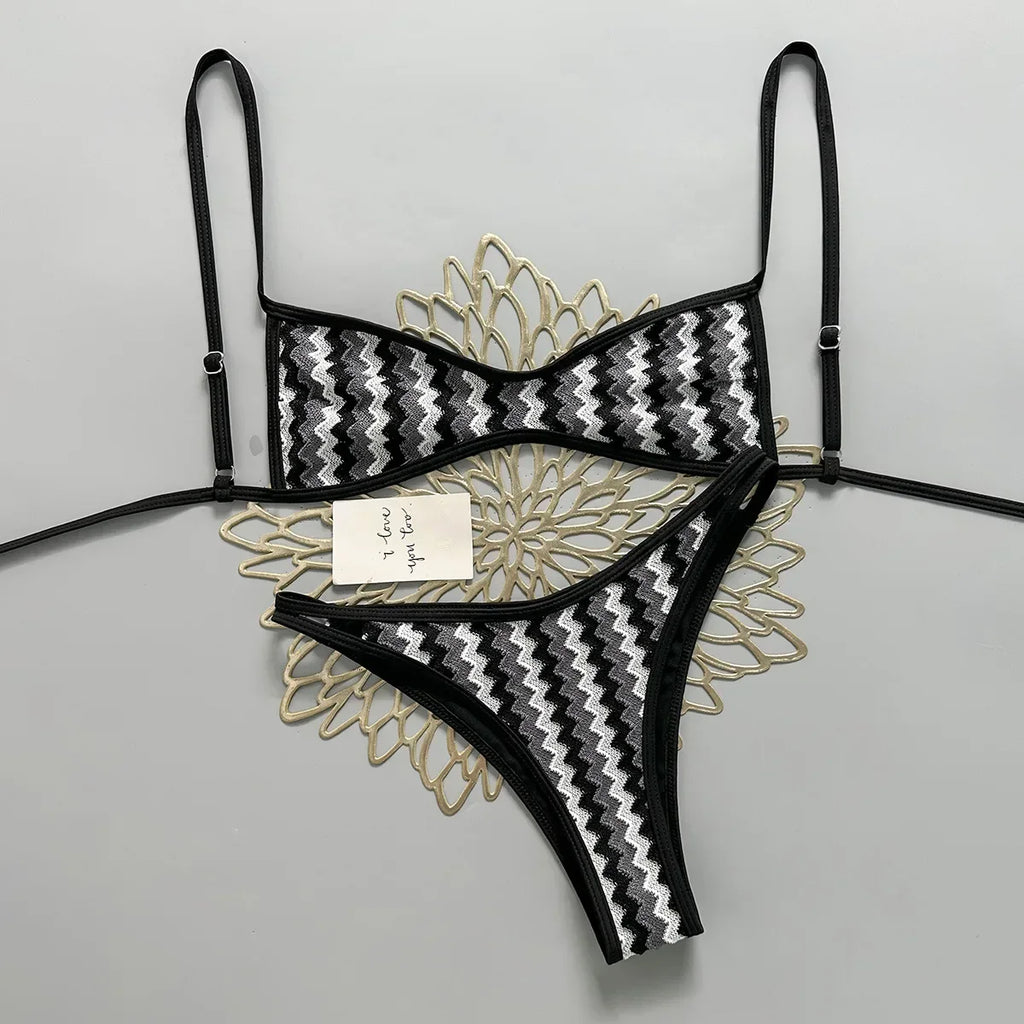 Crochet Striped Brazilian Bikini Women Swimsuit Female Swimwear Two-pieces Bikini Set High Leg Cut Bather Bathing Suit Swim Lady