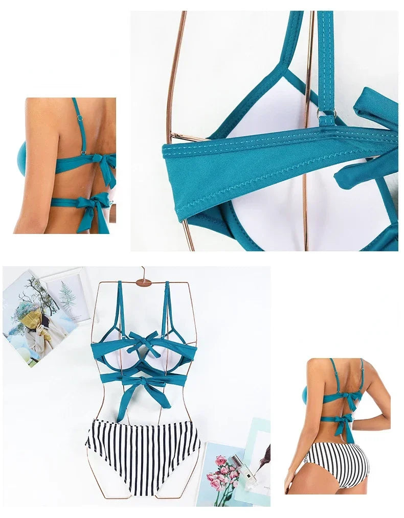 3 Colors Sexy Bikini Women Push Up Swimwear Swimsuit Striped Leaves Print Cross Straps Bowknot Backless High Waist Bikinis Set