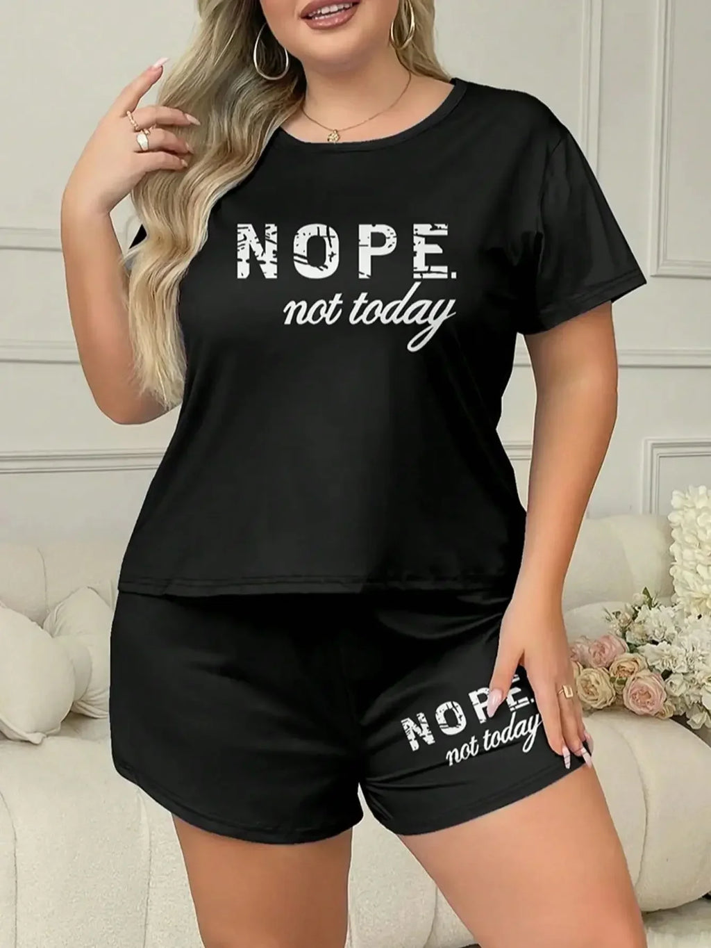 Plus Size 3XL 4XL 5XL Casual Loungewear Letters Print Pajamas Set Women's Short Sleeve Tee And Elastic Shorts Homewear