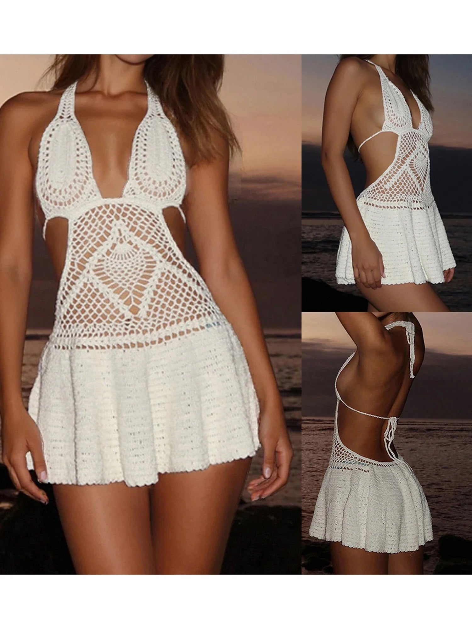 Women Swim Cover Up Cutout Sleeveless Backless V Neck Party Beach Mini Dresses Solid Color Crochet Halter Dress