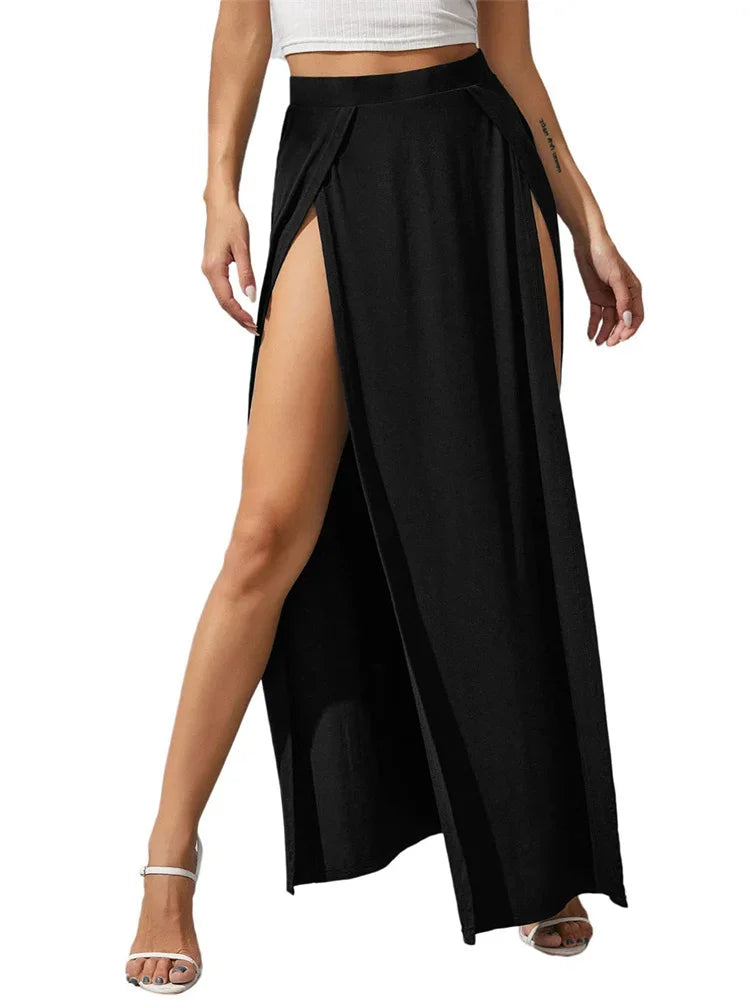Women's Elastic High Waist Skirts Solid Color Side High Split Loose Fit  Long Skirts Beachwear