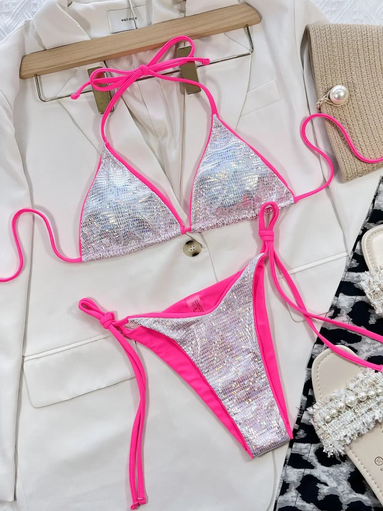 Bikini 2026 Sexy Triangle Shining Sequins Swimwear Swimsuit Women Halter Bikinis Set Bathing Suit Beach Bikini Female Banadores