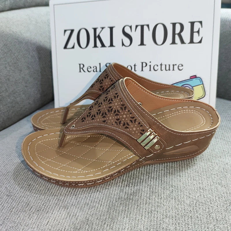 Summer Women's Wedge Sandals 2023 Clip Toe Orthopedic Arch Support Sandals Woman Pu Leather Non-Slip Soft Platform Flip Flops