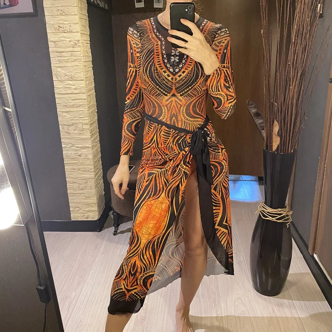 S - XXL 3PCS New Printed Long Sleeve With Pants Sarong Women Swimwear One Piece Swimsuit Female Bather Bathing Suit Swim V7180