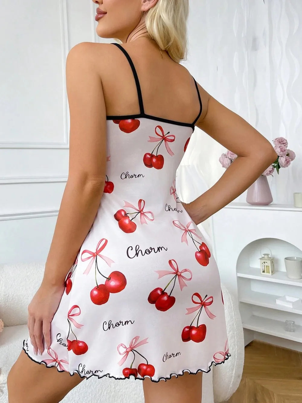 Valentine's Day Cherry Printed Slip Nightdress Women Sexy Sleepwear Straps Sleep Mini Dress Nighties Nightgown Loungewear