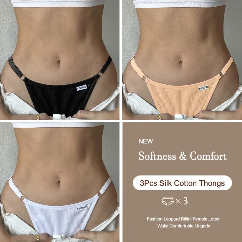 3PCS Women's Panties Cotton Thongs Adjustable Waist Sexy G-String Solid Color Seamless Intimate Female Underpants Lingerie S-XL