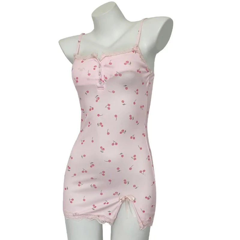 Women's Nightdress Cute Fitted Mini Nightgown Lace Trim Detail Spaghetti Straps Pink Cherry Print Dress Summer Sleepwear