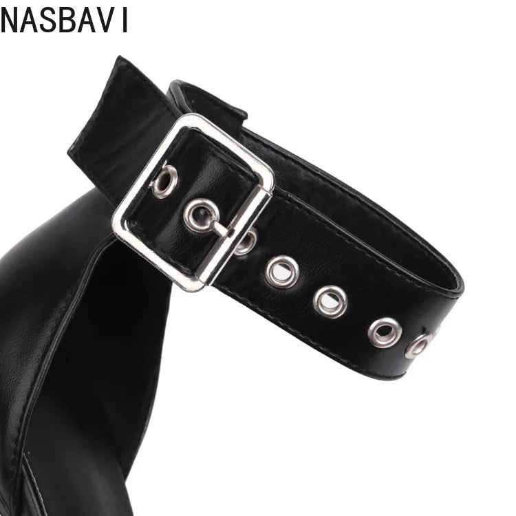 NASBAVI Black Punk Gothic High Heels Sexy Plus Size Pointed Toe Fashion Buckle Rivet Women Pumps Wedding Shoes Stiletto Heels