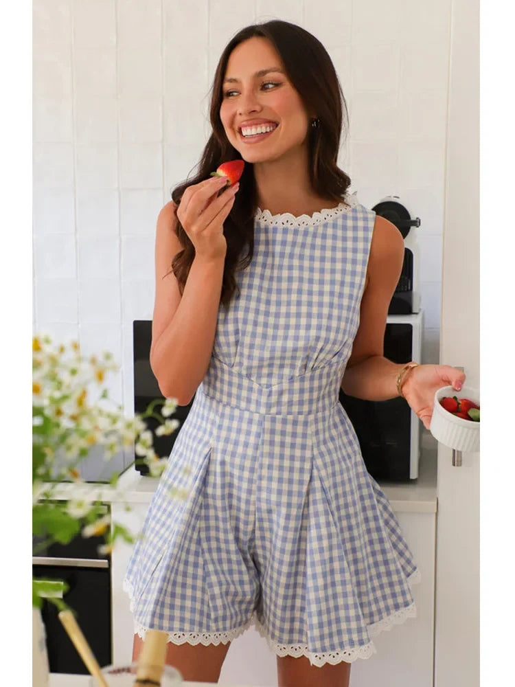 Foridol Plaid Red Lace Summer Romper Women Wide Leg High Waist Sleveless Playsuit Casual Beach Back Zip Blue Short Jumpsuit