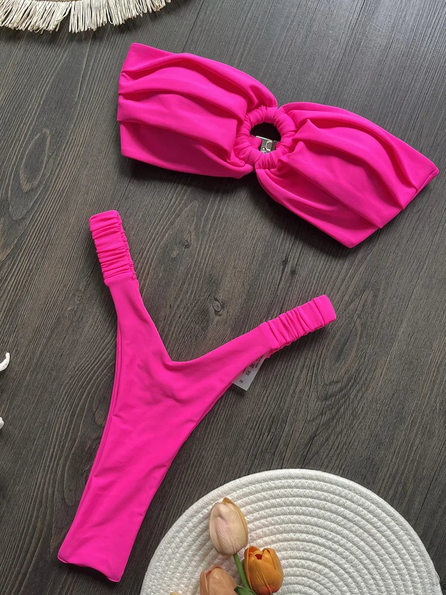 Wrinkled Bandeau High Cut Mini Thong Bikini Female Swimsuit Women Swimwear Two-pieces Bikini Set Bather Bathing Suit Swim Lady
