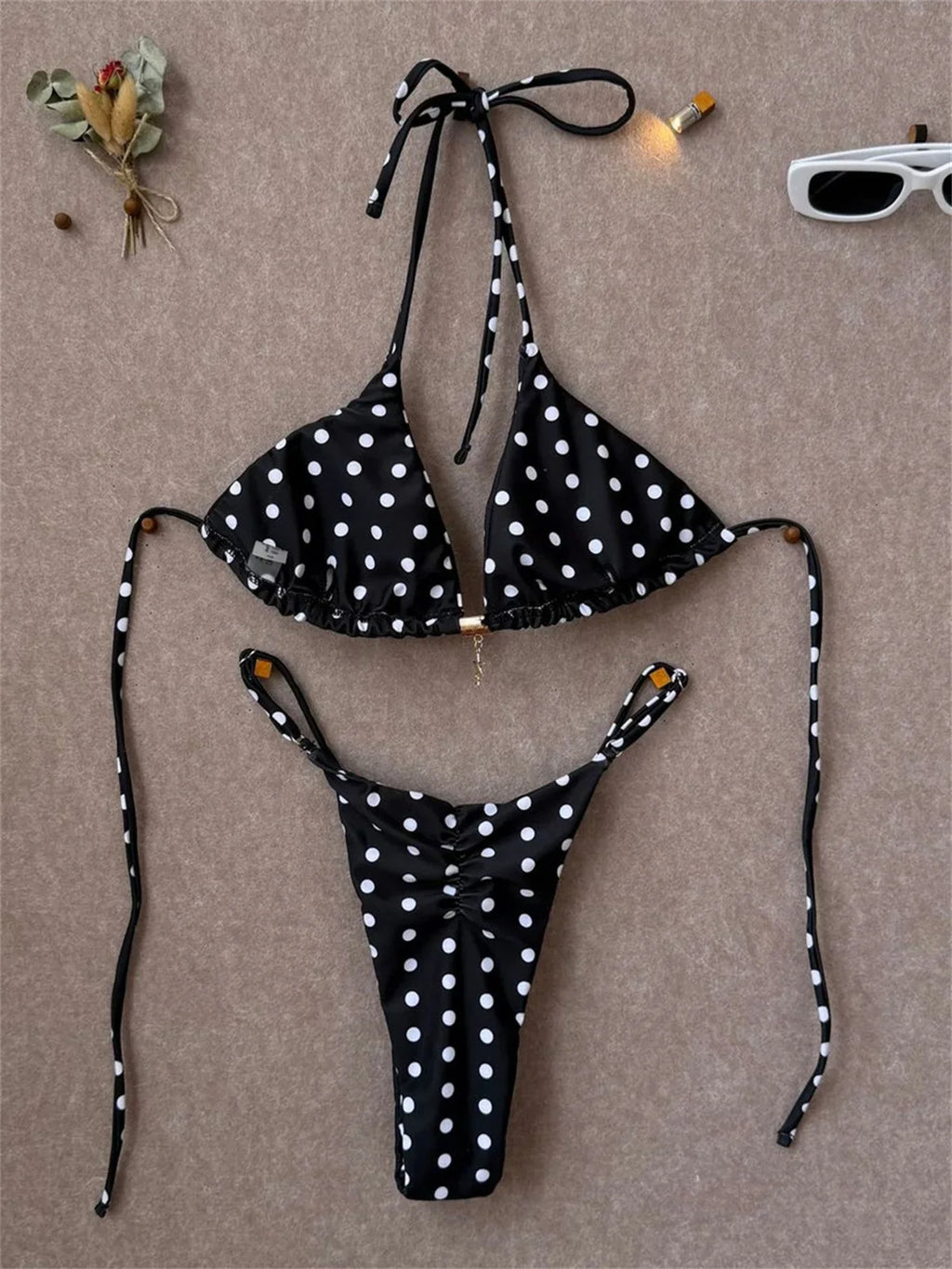 Sexy Black Polka Dot Print Bikini Set Women Pearls Push Up Bra Thong Swimwear 2026 Summer Bathing Suit Holiday Micro Swimsuit