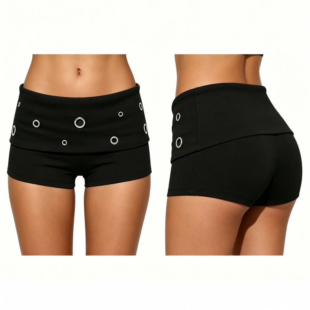 2026 Summer Women's Shorts Low Rise Solid Color Slim Fit Hot Pants with Metal Eyelet Fold-over Party Club Shorts Streetwear