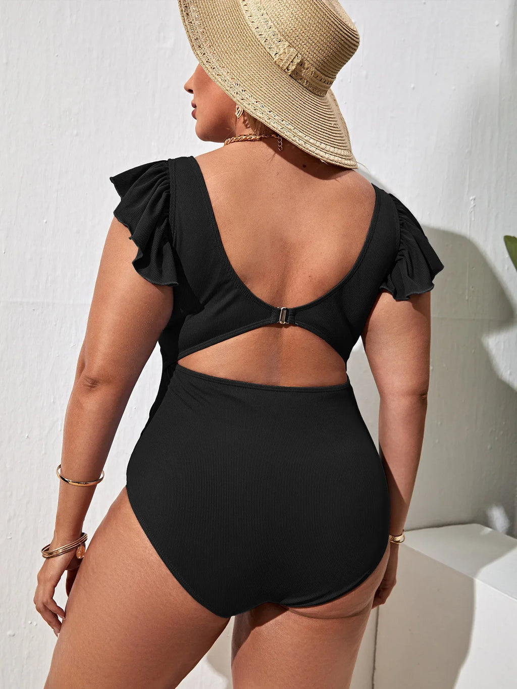 VigoJany 2026 Solid Sexy Plus Size Swimwear Women Ruffle Short Sleeve Large One Piece Swimsuit Summer Beach Chubby Bathing Suit