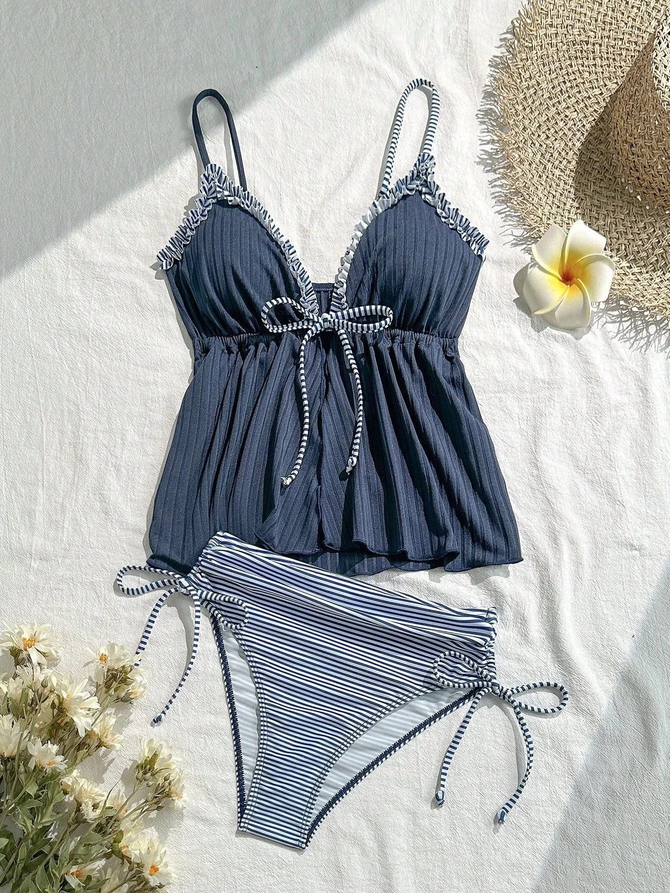 New 2026 Fashion Swimsuit Women Frill Trim Tankini Strappy Vest with Bow Swimwear Ruffles Beachwear Holiday Look Bathing Suits