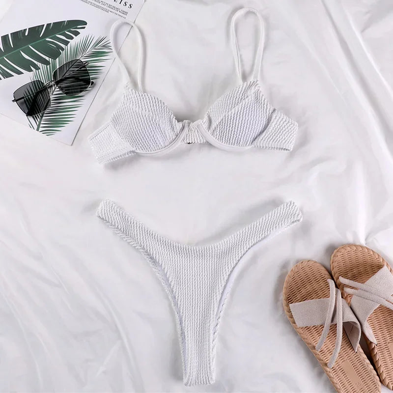 Wrinkled Underwired V-Bar Bikini Swimsuit Female Swimwear Women Two-pieces Bikini set High Cut Bather Bathing Suit Swim Lady