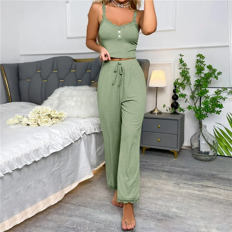 Autumn Winter Two Pieces Pajamas Set for Women Sleepwear Lace Suspenders Tops and Long Trousers Pijamas Loungewear