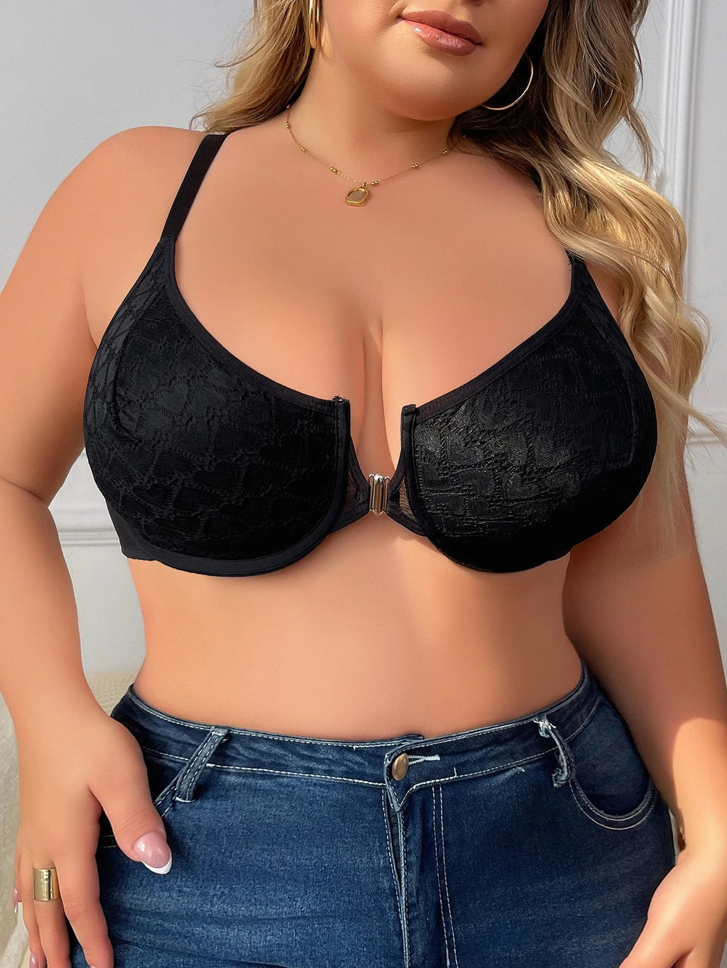 Women's Plus Size Underwear Front Button Half Cup Gathering Push Up Heart Lace Design Suitable For Voluptuous Women XL-XXXL 2498