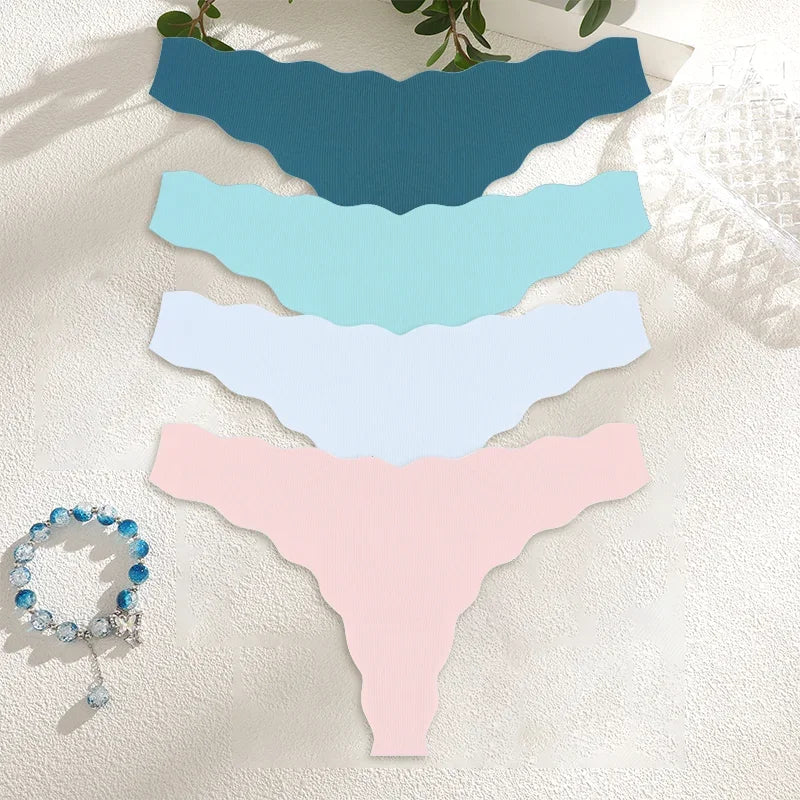 4Pcs Women Seamless Panties Wavy Design Ultra-thin Thongs Women Ice Silk Underwear Sexy Panty Low Waist G-string Female Solid
