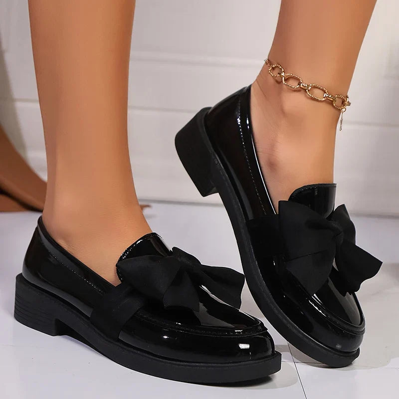 2025 Spring Black Bow Tie Loafers Women Preppy Platform Thick Sole Pumps Lady British Retro Style Office Pu Leather Shoes Mujer