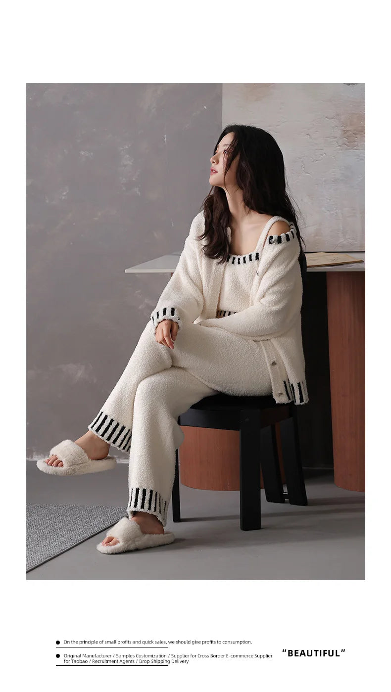 Women's Autumn and Winter Pajamas 3-Piece Set Soft and Half Velvet Thickened and Warm