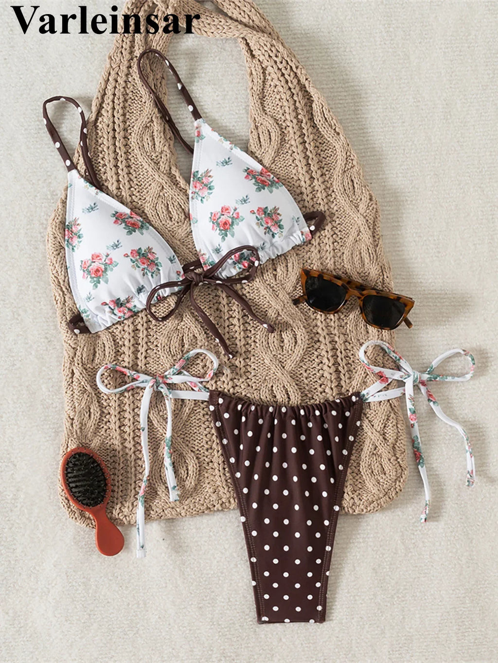 New Floral Flowers Dots High Cut Leg Bikini Women Swimwear Female Swimsuit Two-pieces Bikini set Bather Bathing Suit Swim V6964