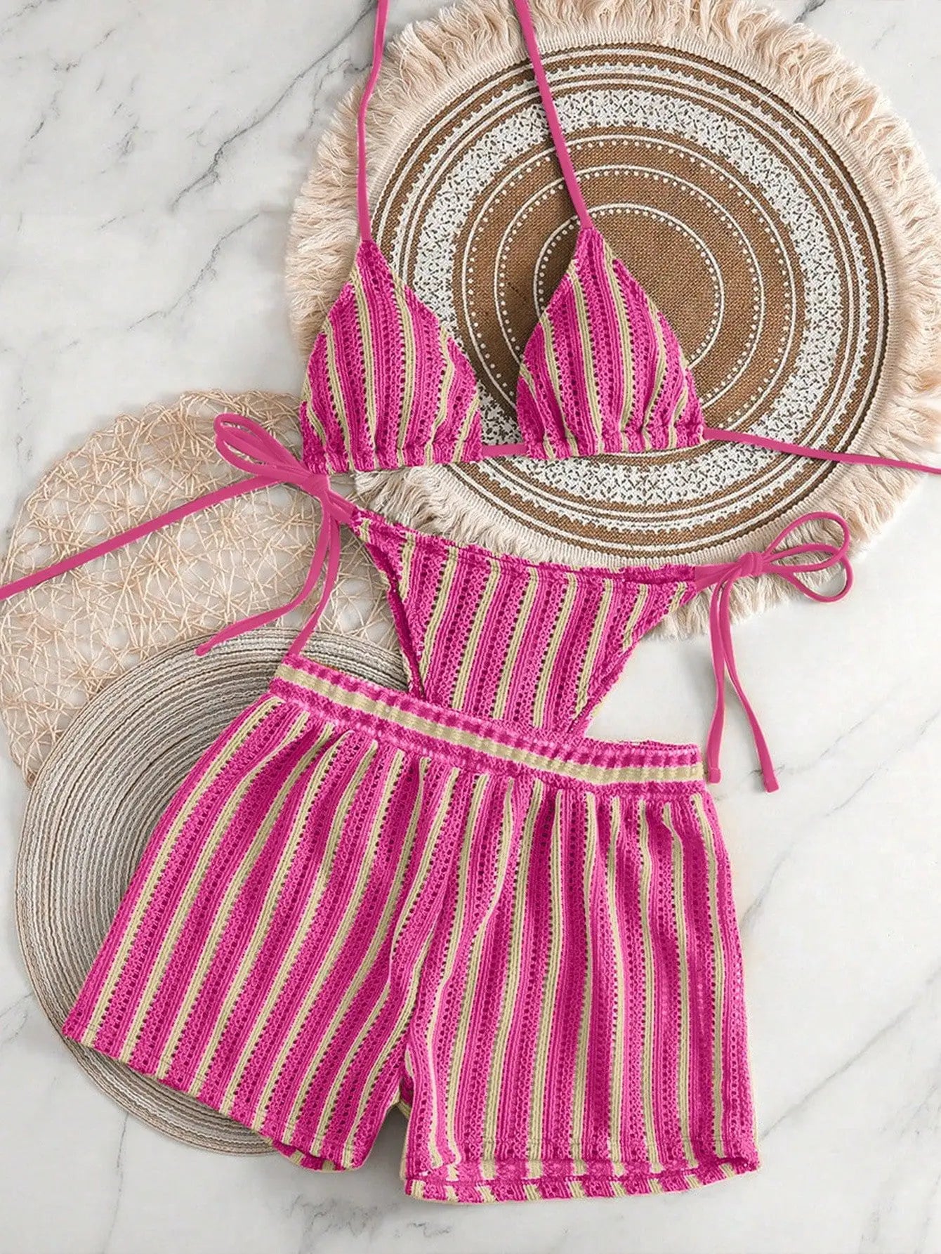 3PCS With Shorts Stripe Halter Fishnet Bikini Women Swimwear Female Swimsuit Three-pieces Bikini Set Bathing Suit Swim Beachwear