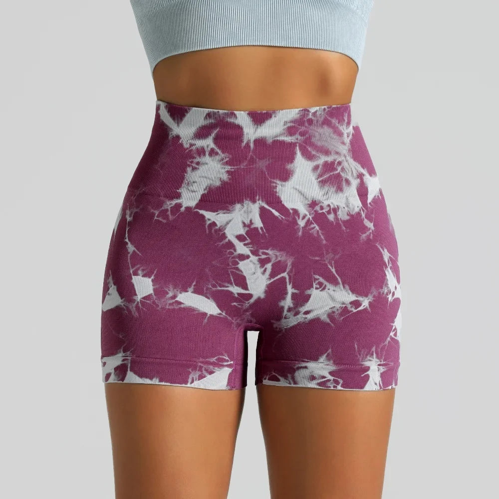 Tie Dye High Waisted Butt Lifting Yoga Shorts for Women, Breathable Sport Shorts with Four-Way Stretch - Gym, Running, Workout