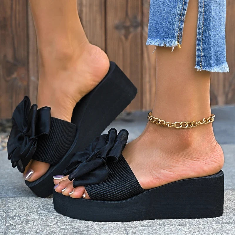 2026 Summer Big Bowknot Platform Slippers Women Plus Size 42 Open Toe Wedges Sandals Woman Lightweight Casual Beach Flip Flops