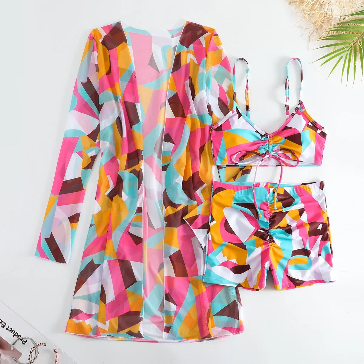 New Sexy 3 Pieces Suit for Women Neck Hanging Bikini Set+Cover-up Swimwear Sunproof Tankini High Waist Shorts Swimsuit Beachwear