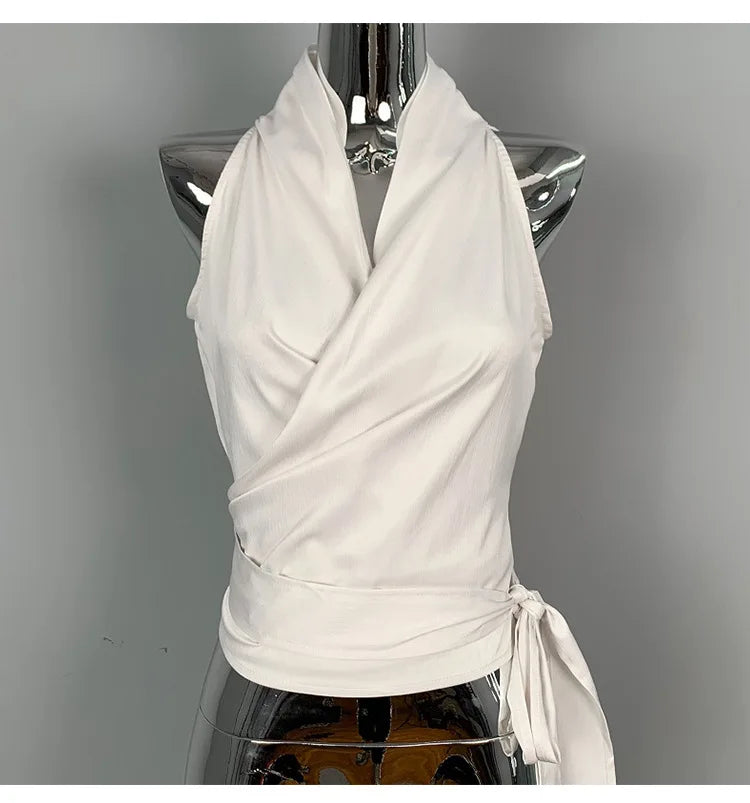 Women Blouses Slim Fit V-neck Lace Up Open Stitch Versatile Sleeveless Top For Female Chiffon Tops Summer Fashion PPAY