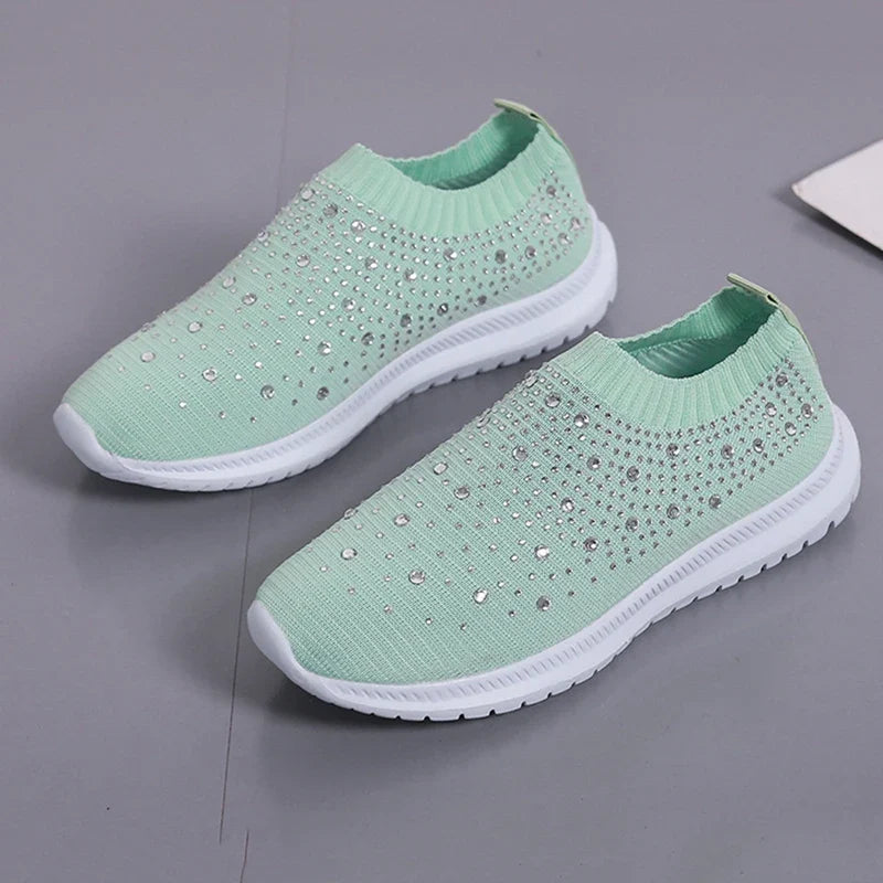 Women's Slip-On Crystal Sneakers 2025 Breathable Mesh Plus Size 35-43 Casual Flats Women Comfort Soft Sole Running Walking Shoes