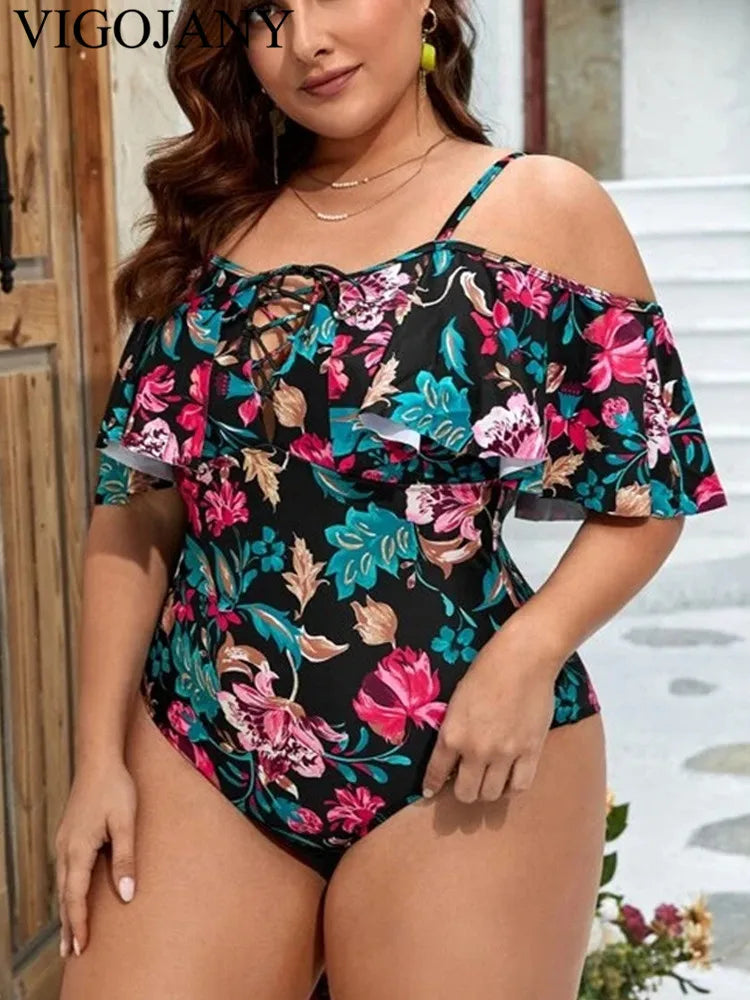 VigoJany 2026 Print Strapped Plus Size Swimwear Women Verge Push Up Large One Piece Swimsuit Beach Chubby Big Bathing Suit