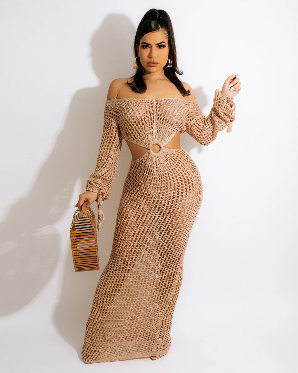 DEKA Women Knitted Backless Cover Up Swimsuit Long-sleeved Crochet Hollow Out Dress Summer Beach Vacation Outfit Beach Dress
