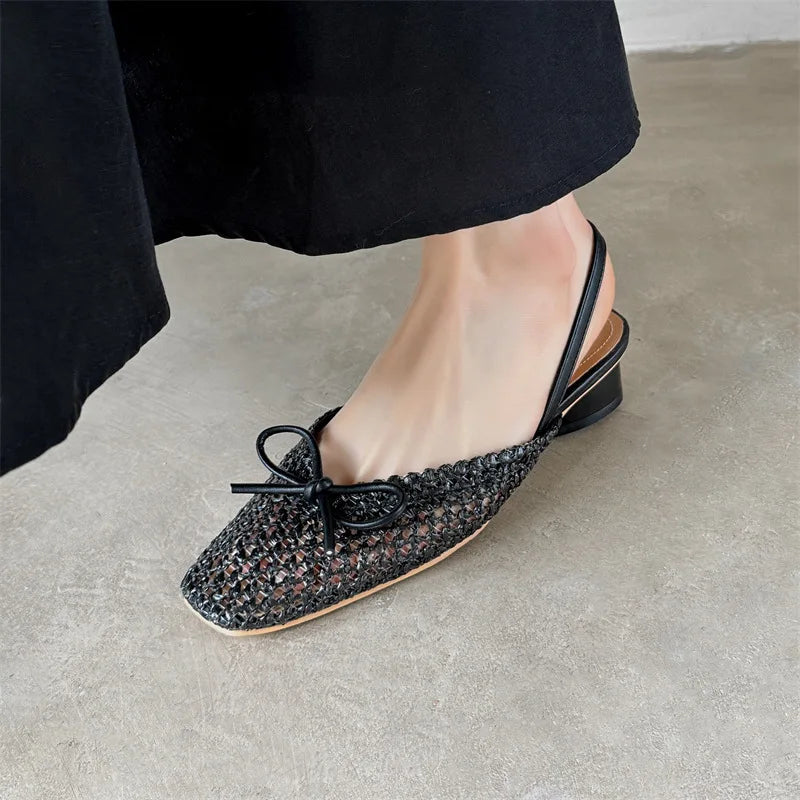 Woven Bow Back Strap Design Sandals Women's Summer New Square Head Shallow Mouth Single Shoe Comfortable Elegant Cool Pumps