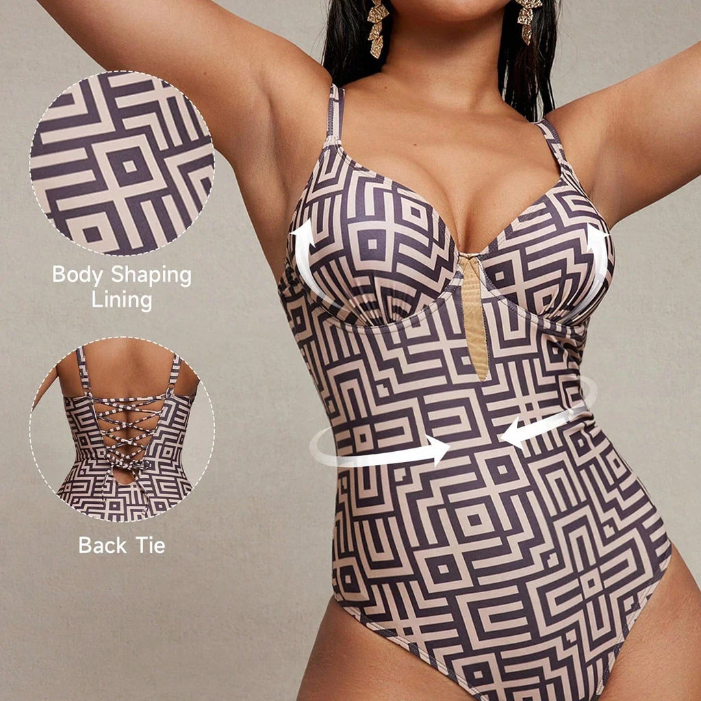 Sexy Coffee Geometry Print One Piece Swimsuit 2026 Women Underwire Push Up Bandage Back Cross Slim Fit Bathing Suit Swimwear