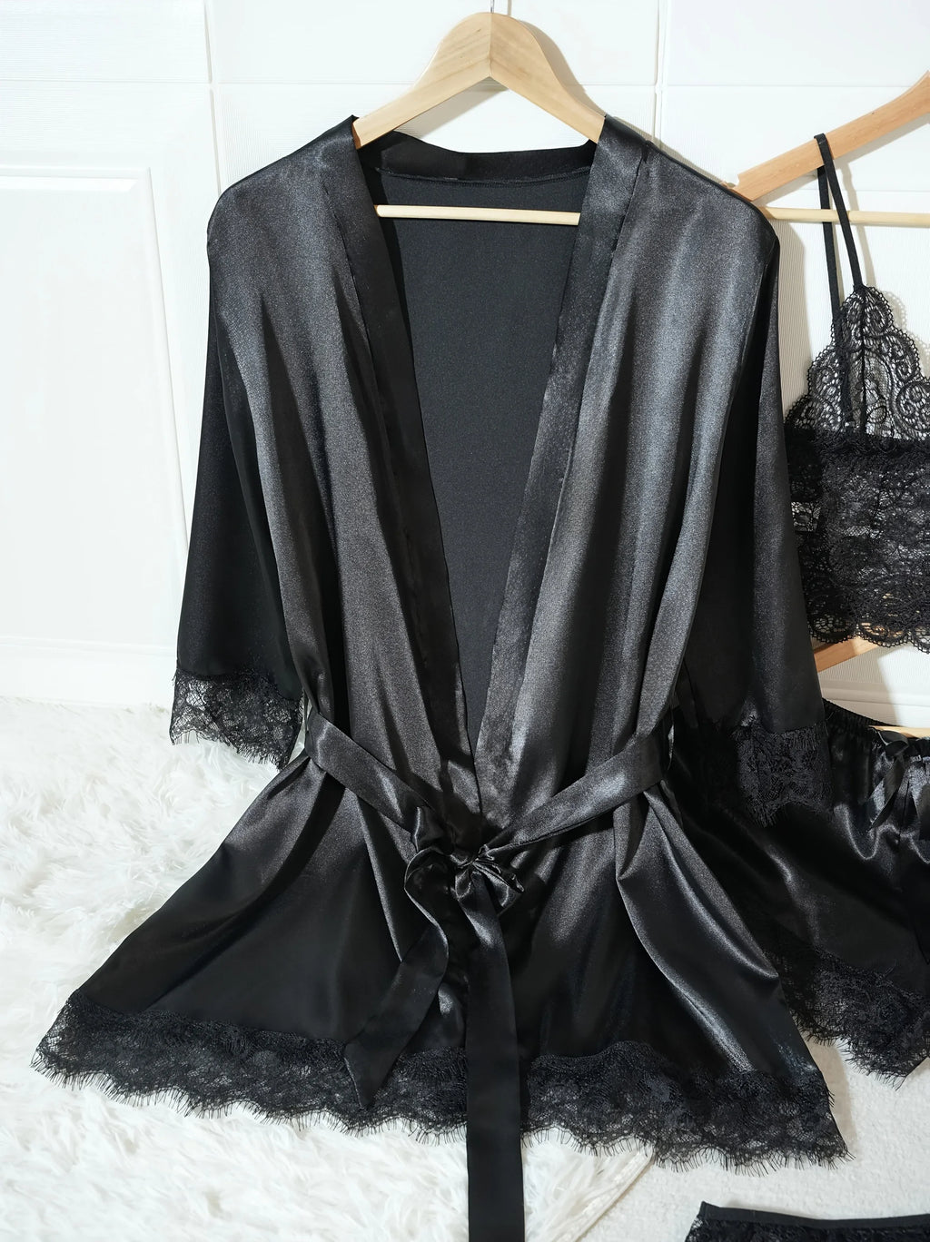 4Pcs Women Satin Pajama Set Robe Lace Lingerie Sexy Silk Nightwear Sleepwear Soft Satin Nightgown Pyjamas Nightdress Nighty Robe