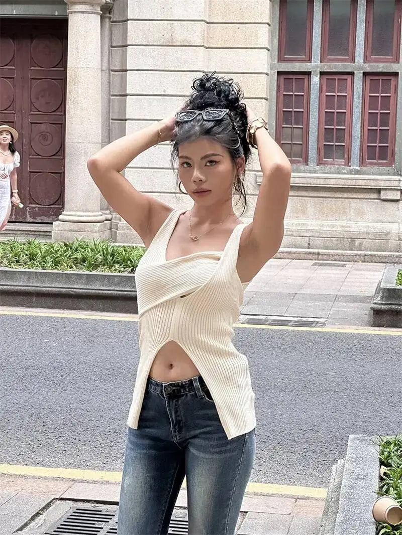 Stylish Cross-over Irregular Neckline Sleeveless Knitted Vest For Women Niche Sexy Slit Slim-fit Top CasualPure Desire 0FY1