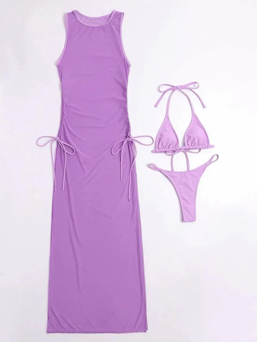 3 Pieces Thong Bikini 2026 Women With Dress String Swimwear Female Solid Swimsuit Beach Wear Bathing Swimming Suit Summer